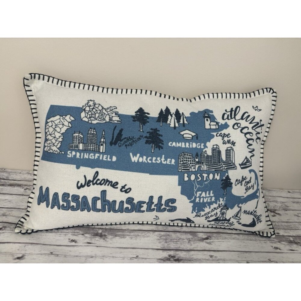 Massachusetts Map Decorative Pillow Rectangle Cotton‎ Throw 20x13” Cape Cod Blue